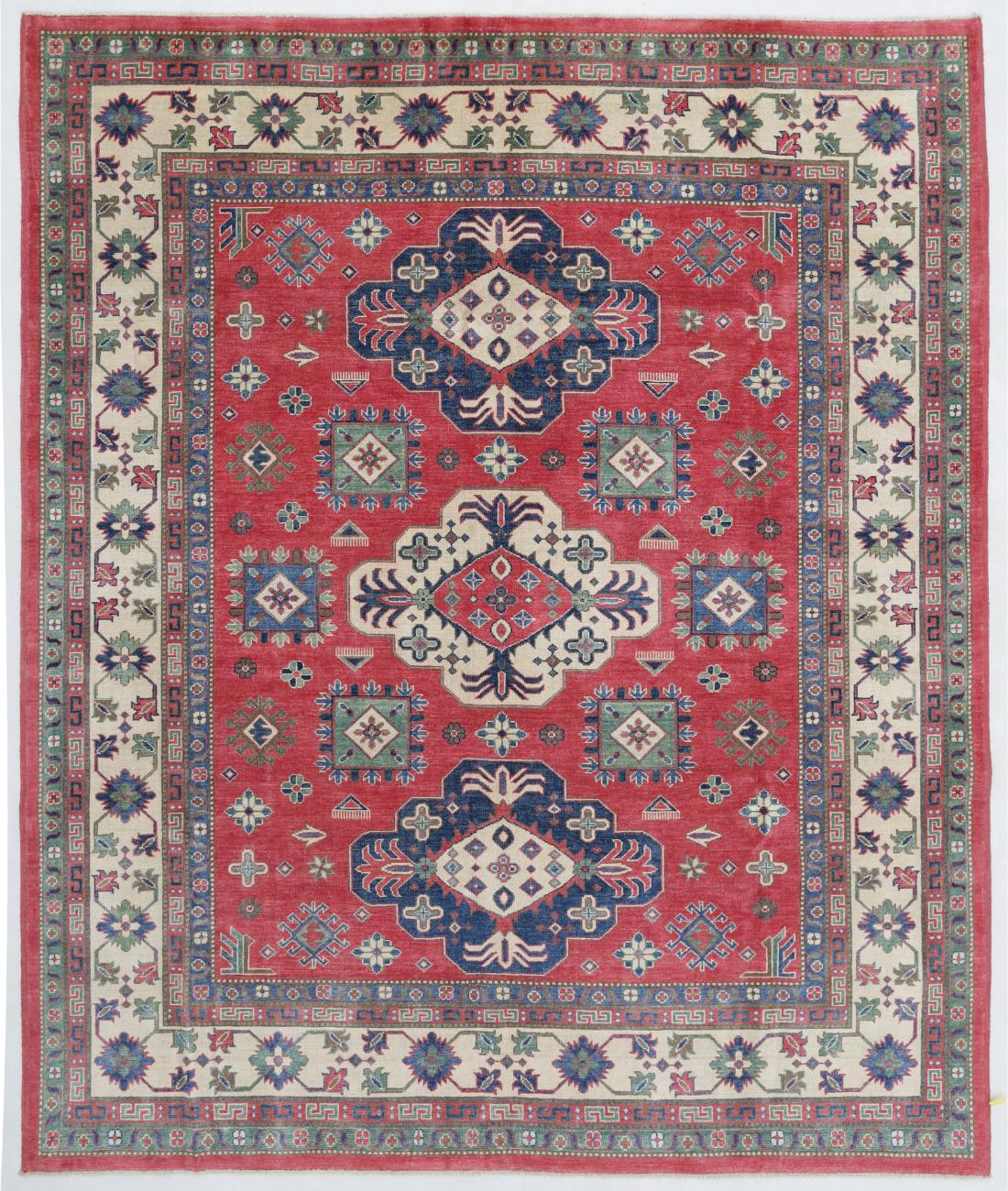 Hand Knotted Tribal Kazak Wool Rug - 8'0'' x 9'8'' 8' 0" X 9' 8" ( 244 X 295 ) / Red / Ivory