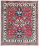 Hand Knotted Tribal Kazak Wool Rug - 8'0'' x 9'8'' 8' 0" X 9' 8" ( 244 X 295 ) / Red / Ivory