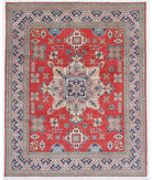 Hand Knotted Tribal Kazak Wool Rug - 8'0'' x 9'10'' 8' 0" X 9' 10" ( 244 X 300 ) / Red / Ivory