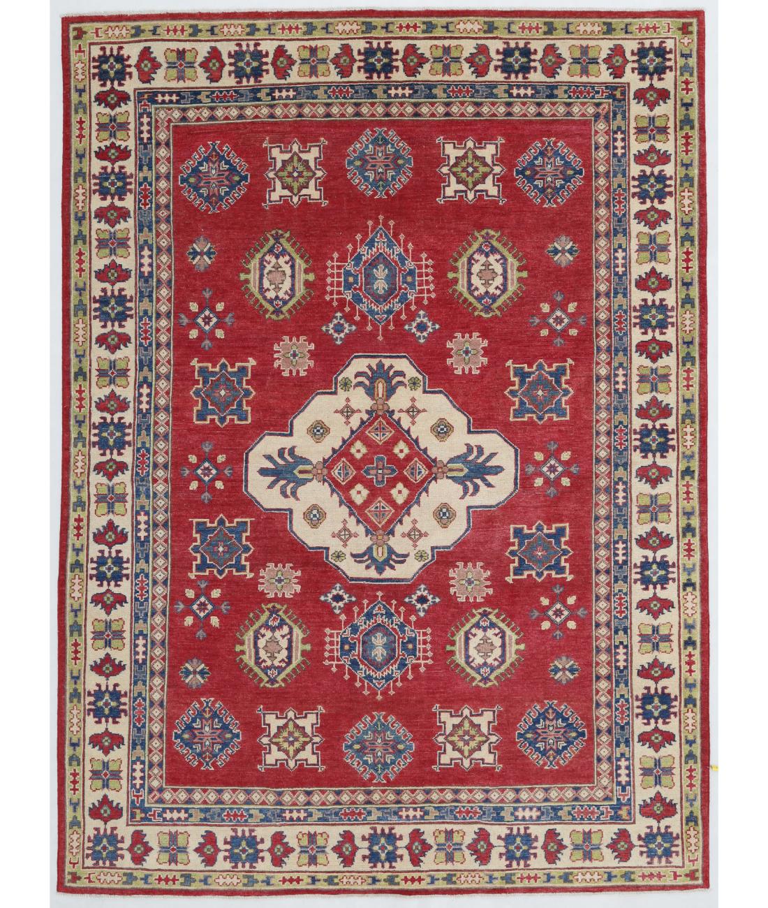 Hand Knotted Tribal Kazak Wool Rug - 6'2'' x 8'4'' 6' 2" X 8' 4" ( 188 X 254 ) / Red / Ivory