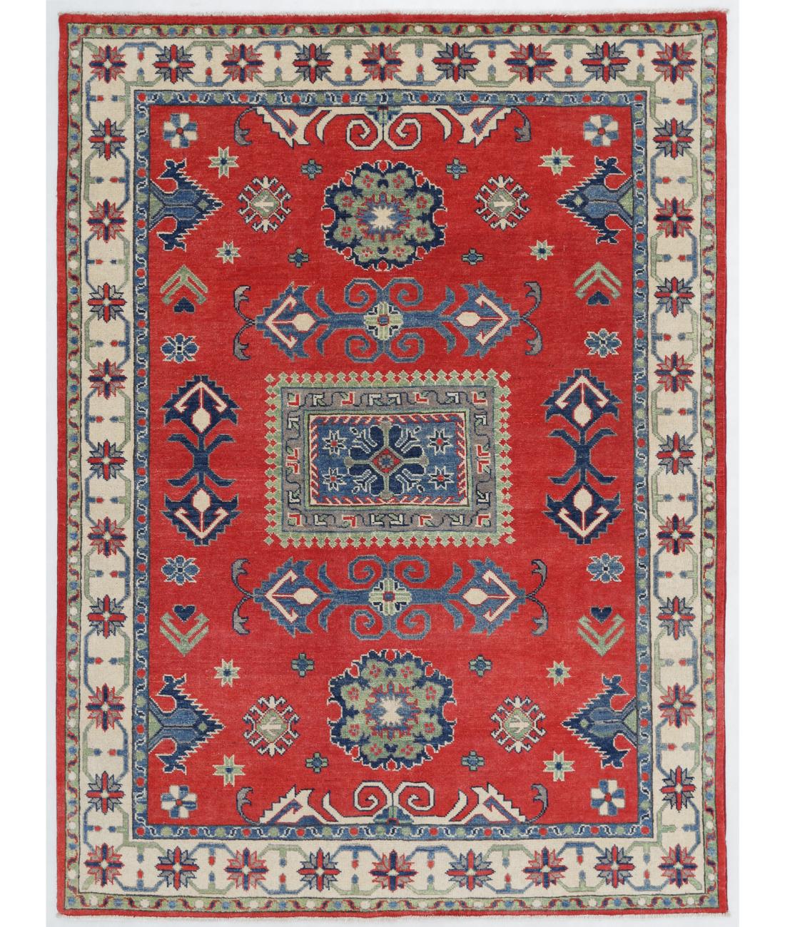 Hand Knotted Tribal Kazak Wool Rug - 4'11'' x 6'8'' 4' 11" X 6' 8" ( 150 X 203 ) / Red / Ivory