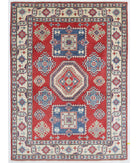 Hand Knotted Tribal Kazak Wool Rug - 4'11'' x 6'8'' 4' 11" X 6' 8" ( 150 X 203 ) / Red / Ivory