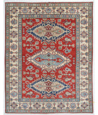 Hand Knotted Tribal Kazak Wool Rug - 4'11'' x 6'4'' 4' 11" X 6' 4" ( 150 X 193 ) / Red / Ivory