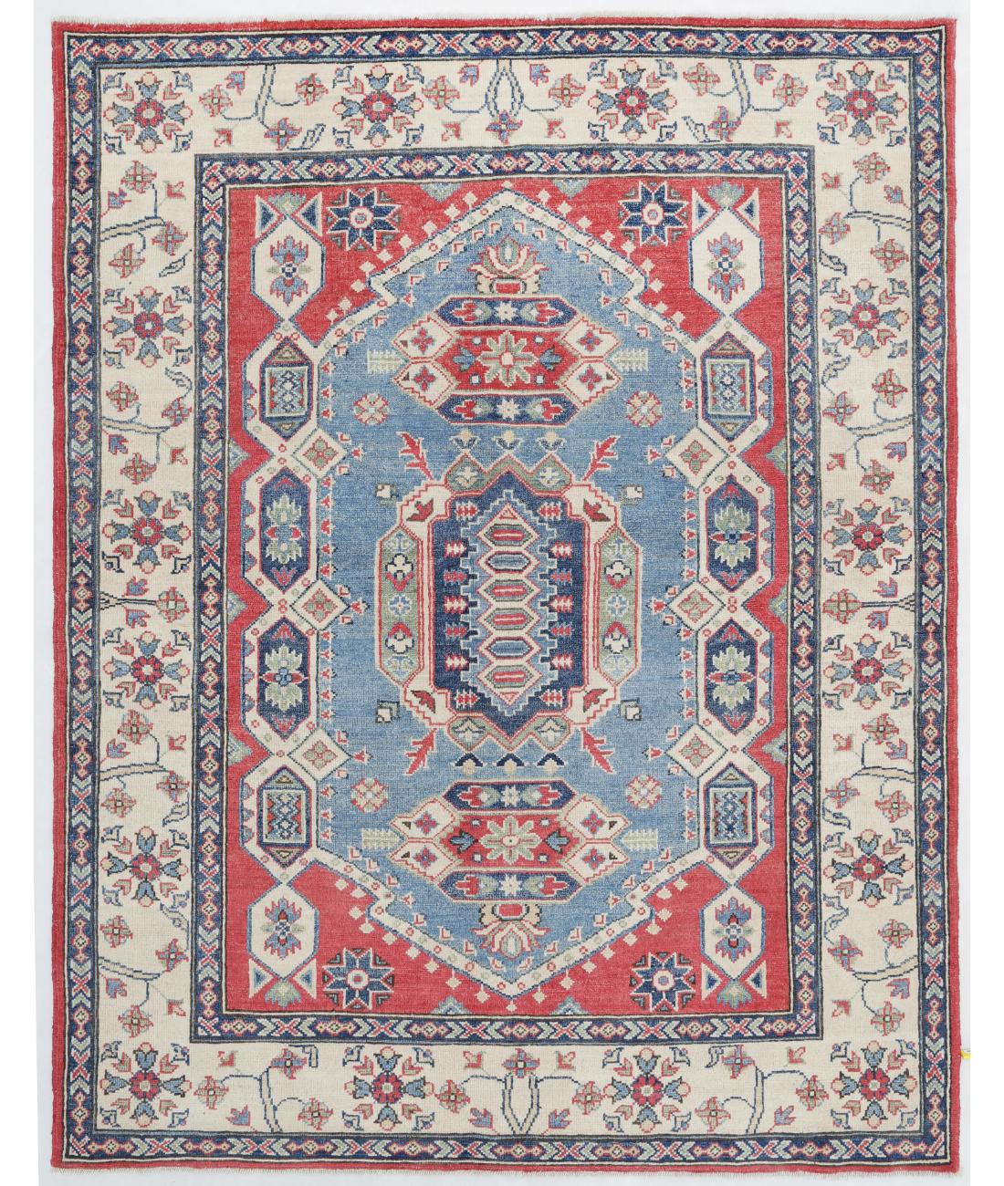 Hand Knotted Tribal Kazak Wool Rug - 4'11'' x 6'4'' 4' 11" X 6' 4" ( 150 X 193 ) / Red / Ivory