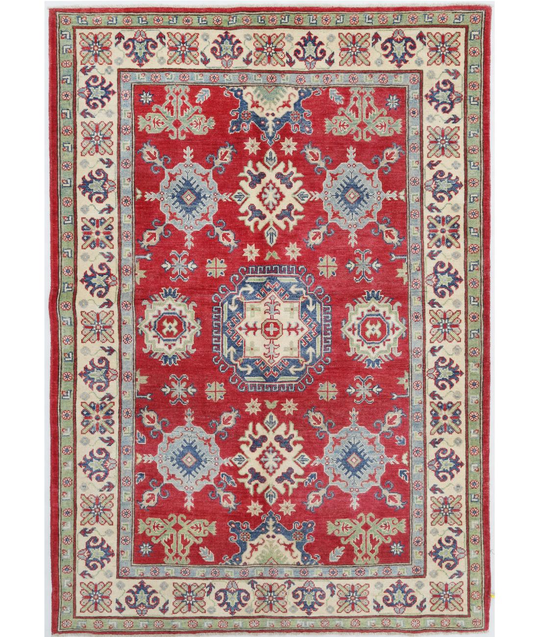 Hand Knotted Tribal Kazak Wool Rug - 4'11'' x 7'2'' 4' 11" X 7' 2" ( 150 X 218 ) / Red / Ivory