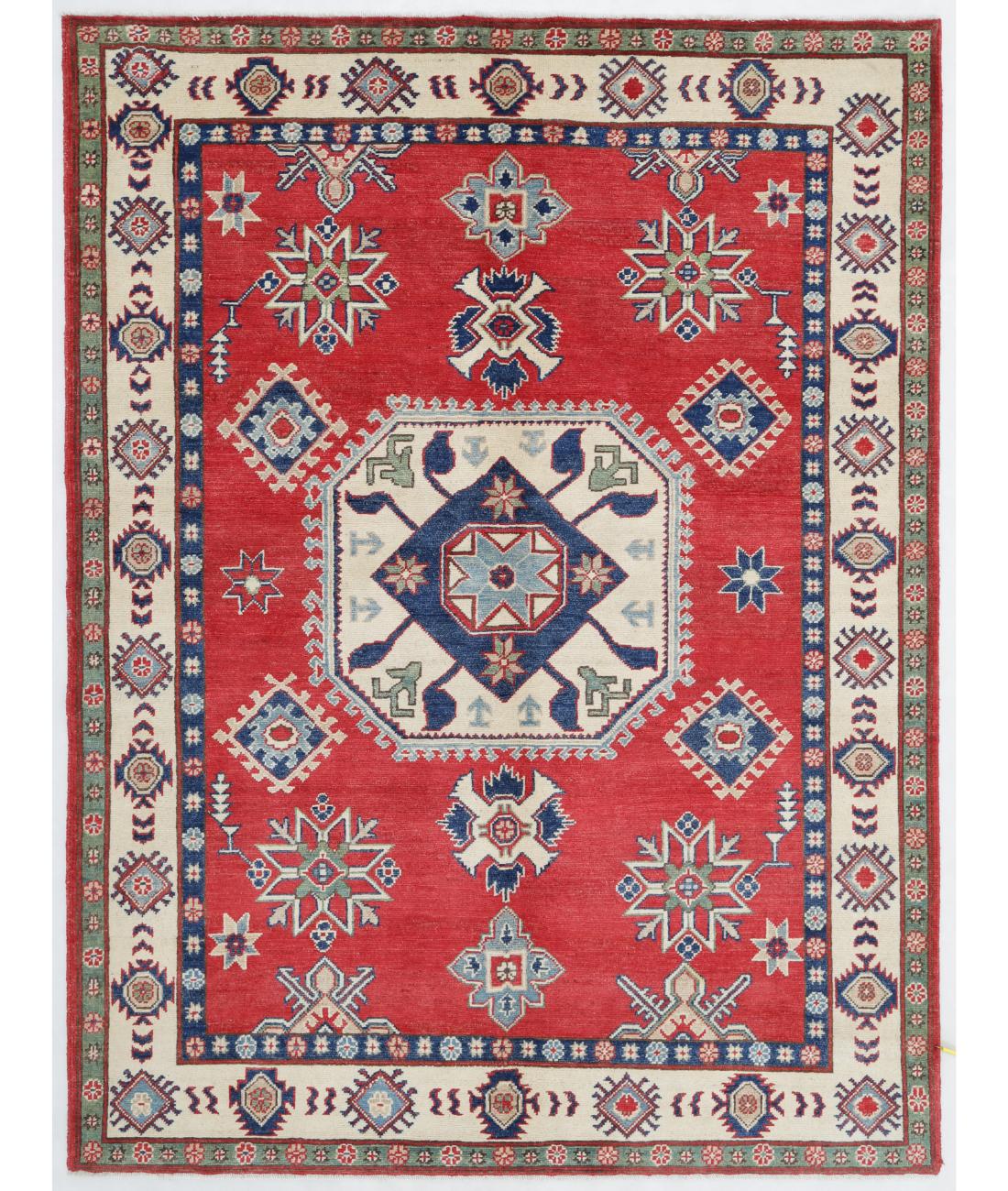 Hand Knotted Tribal Kazak Wool Rug - 5'0'' x 6'9'' 5' 0" X 6' 9" ( 152 X 206 ) / Red / Ivory