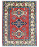 Hand Knotted Tribal Kazak Wool Rug - 5'1'' x 6'7'' 5' 1" X 6' 7" ( 155 X 201 ) / Red / Ivory