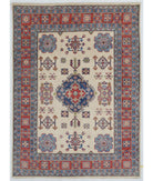 Hand Knotted Tribal Kazak Wool Rug - 4'9'' x 6'6'' 4' 9" X 6' 6" ( 145 X 198 ) / Ivory / Red