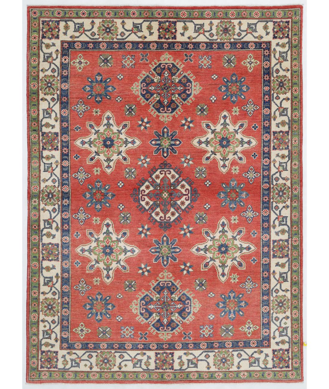 Hand Knotted Tribal Kazak Wool Rug - 4'11'' x 6'10'' 4' 11" X 6' 10" ( 150 X 208 ) / Red / Ivory