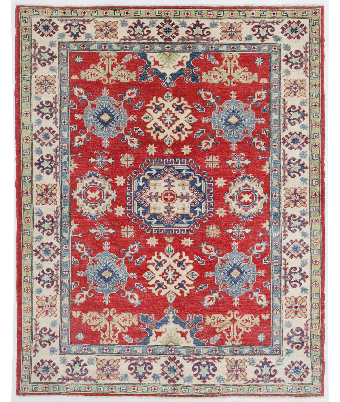 Hand Knotted Tribal Kazak Wool Rug - 5'0'' x 6'4'' 5' 0" X 6' 4" ( 152 X 193 ) / Red / Ivory