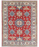 Hand Knotted Tribal Kazak Wool Rug - 5'0'' x 6'4'' 5' 0" X 6' 4" ( 152 X 193 ) / Red / Ivory