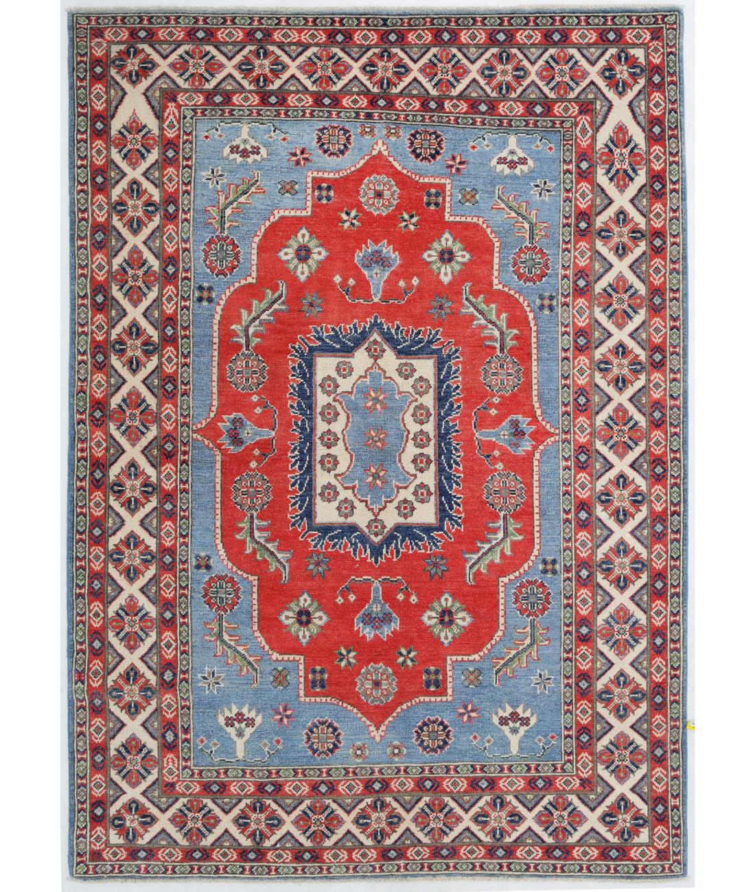 Hand Knotted Tribal Kazak Wool Rug - 5'0'' x 6'11'' 5' 0" X 6' 11" ( 152 X 211 ) / Blue / Ivory