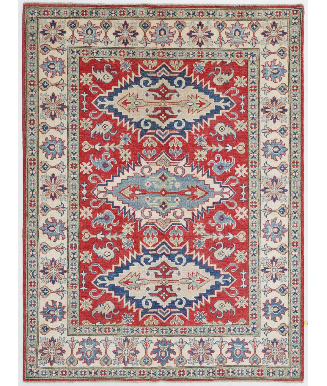 Hand Knotted Tribal Kazak Wool Rug - 5'0'' x 6'8'' 5' 0" X 6' 8" ( 152 X 203 ) / Red / Ivory