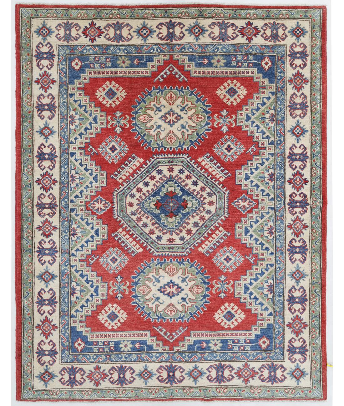 Hand Knotted Tribal Kazak Wool Rug - 5'1'' x 6'7'' 5' 1" X 6' 7" ( 155 X 201 ) / Red / Ivory