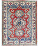 Hand Knotted Tribal Kazak Wool Rug - 5'1'' x 6'7'' 5' 1" X 6' 7" ( 155 X 201 ) / Red / Ivory