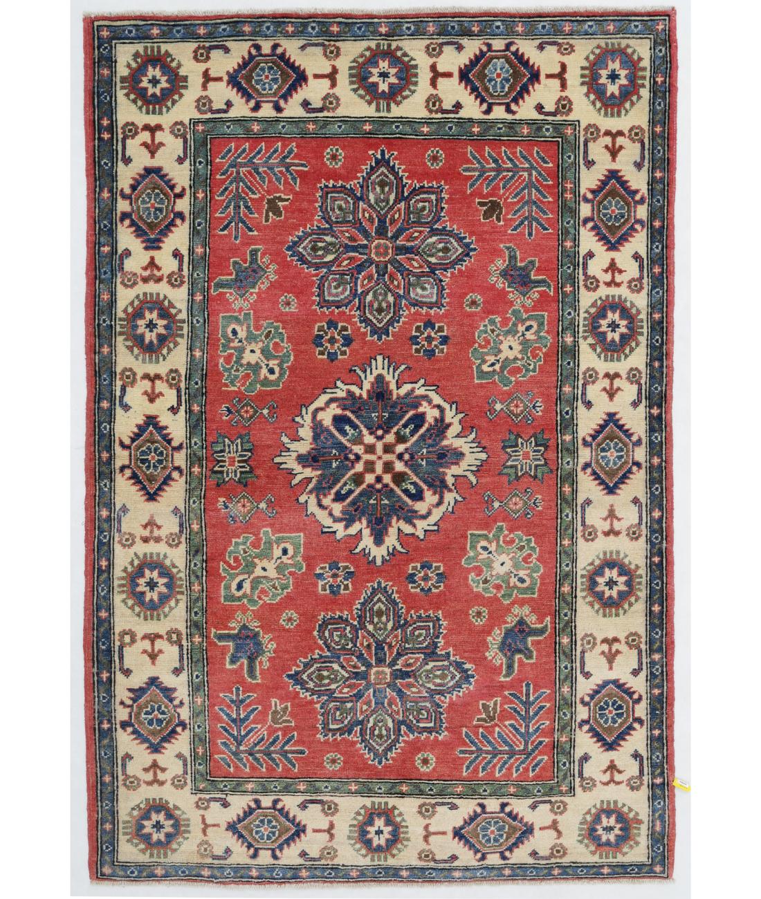 Hand Knotted Tribal Kazak Wool Rug - 4'0'' x 5'8'' 4' 0" X 5' 8" ( 122 X 173 ) / Peach / Ivory