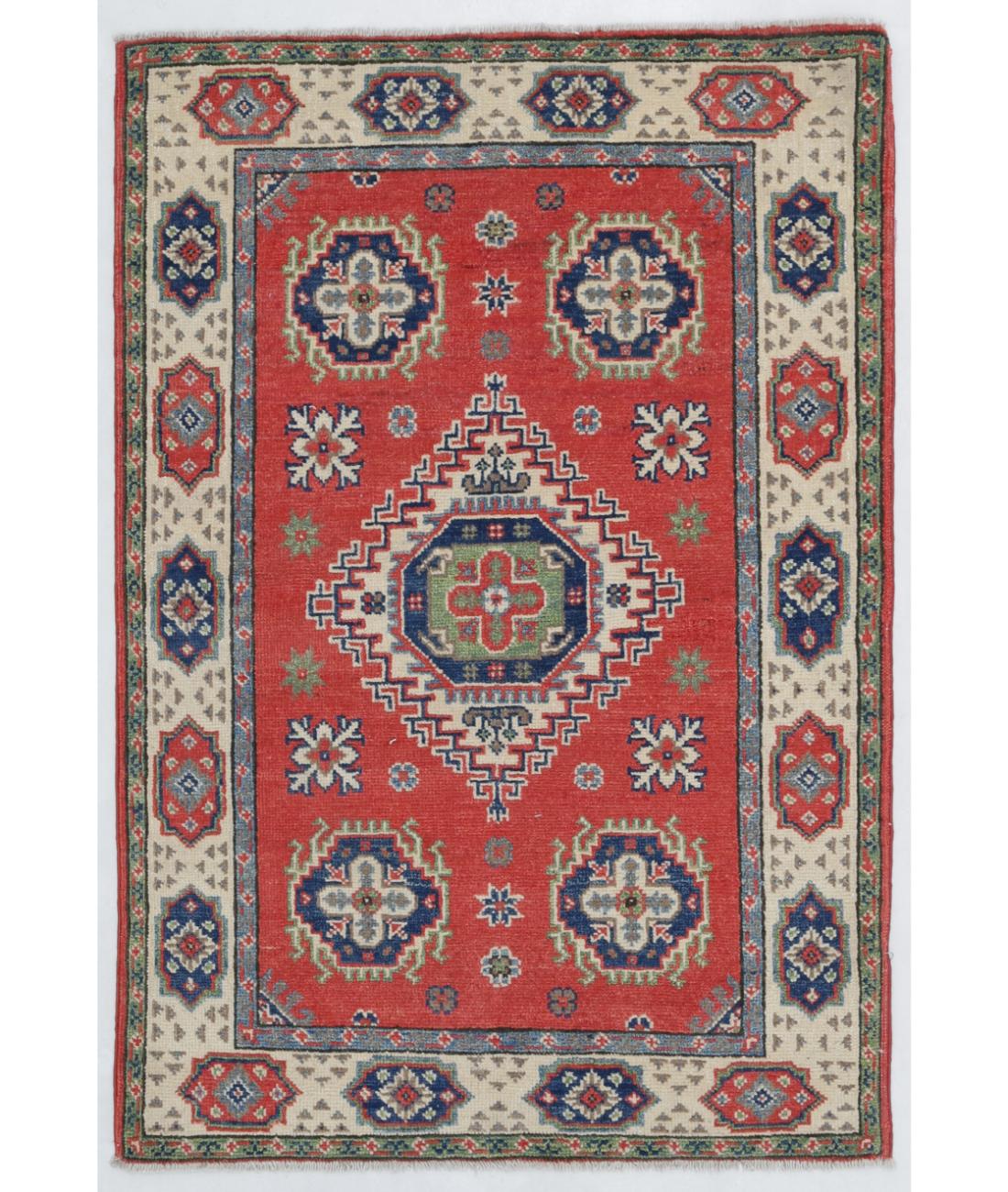 Hand Knotted Tribal Kazak Wool Rug - 2'7'' x 3'10'' 2' 7" X 3' 10" ( 79 X 117 ) / Red / Ivory