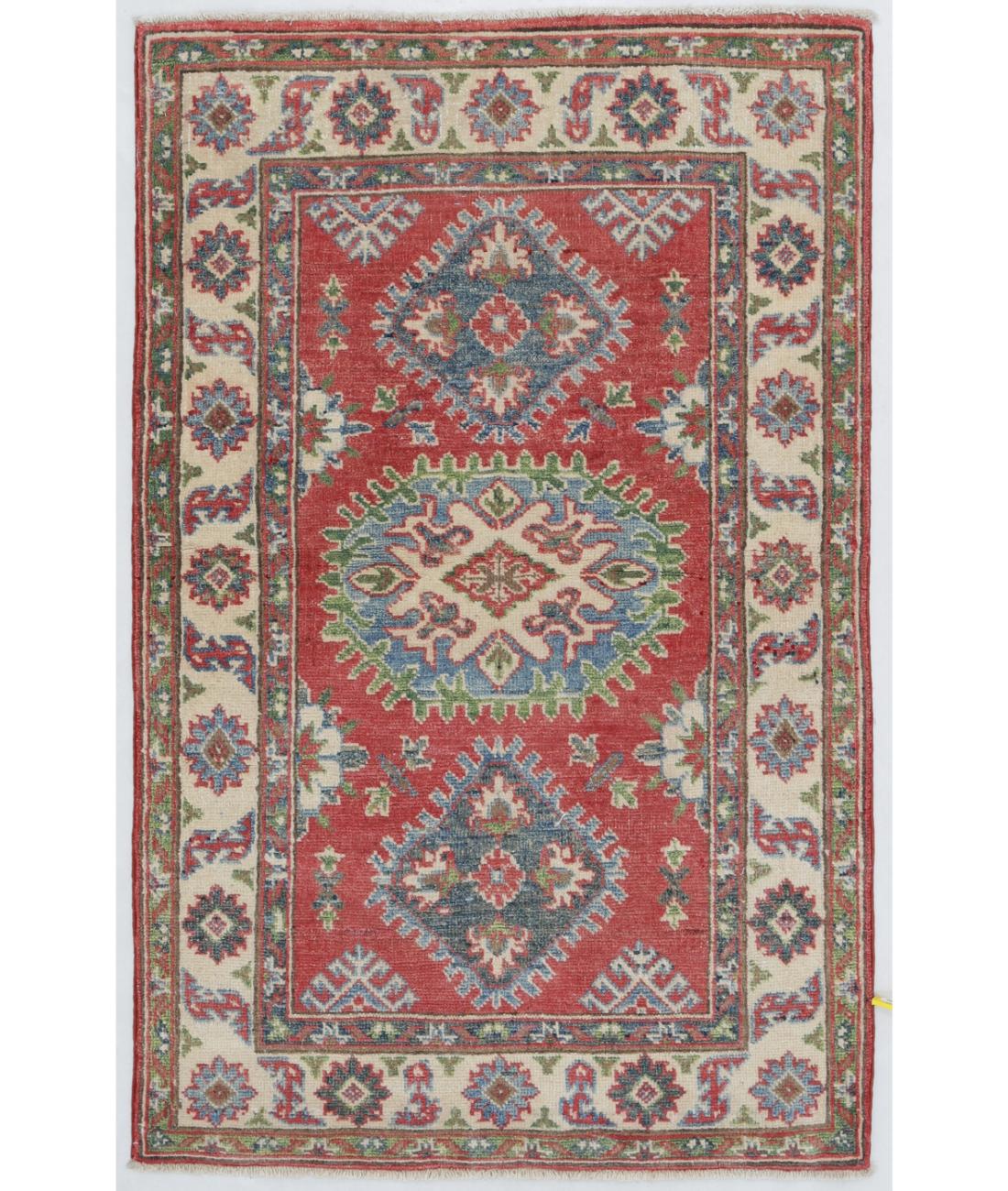 Hand Knotted Tribal Kazak Wool Rug - 2'8'' x 4'2'' 2' 8" X 4' 2" ( 81 X 127 ) / Red / Ivory