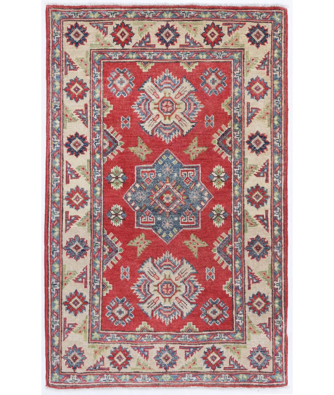 Hand Knotted Tribal Kazak Wool Rug - 2'8'' x 4'2'' 2' 8" X 4' 2" ( 81 X 127 ) / Red / Ivory