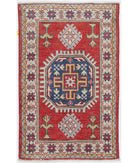 Hand Knotted Tribal Kazak Wool Rug - 1'10'' x 2'10'' 1' 10" X 2' 10" ( 56 X 86 ) / Red / Ivory