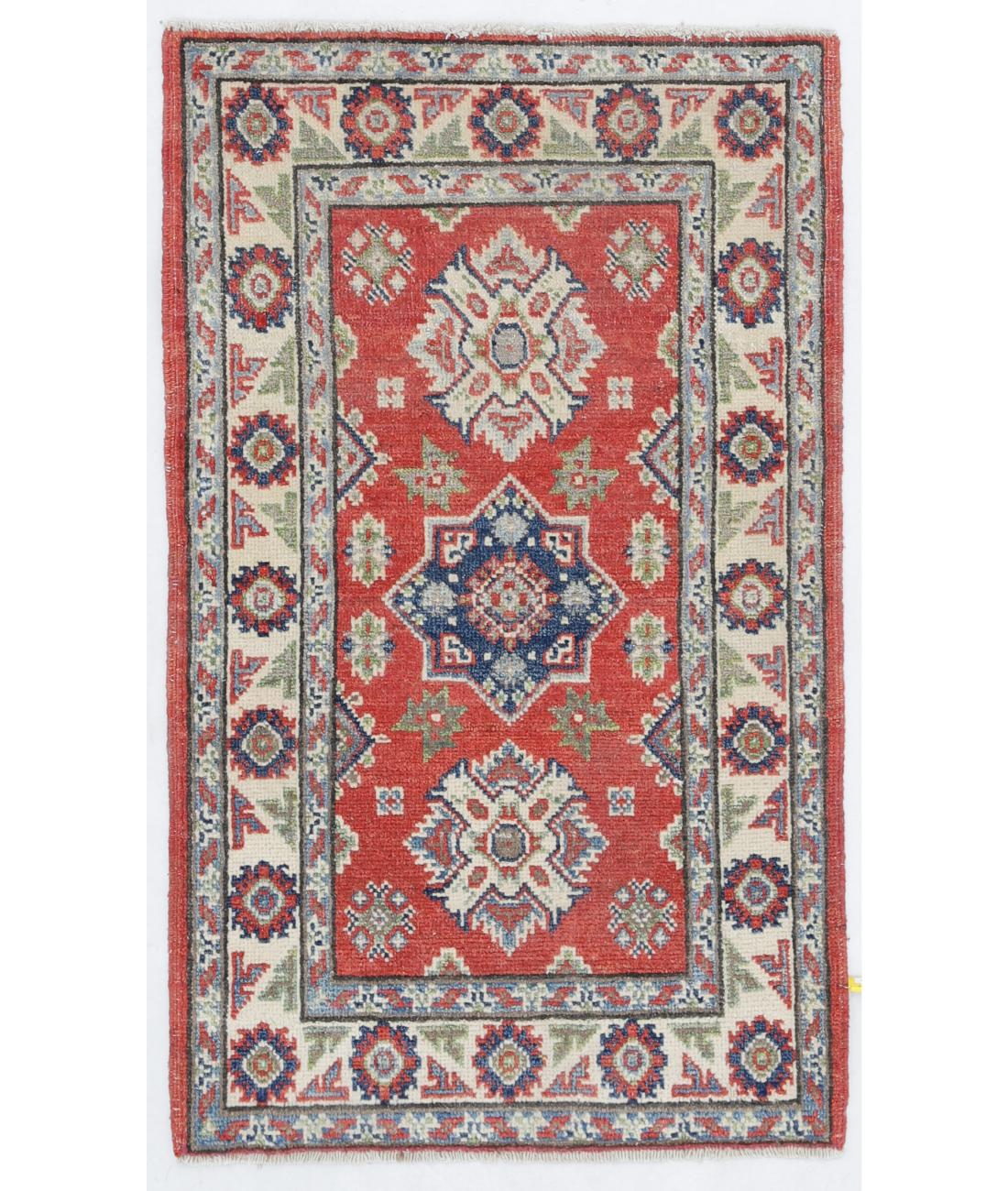 Hand Knotted Tribal Kazak Wool Rug - 1'11'' x 3'4'' 1' 11" X 3' 4" ( 58 X 102 ) / Red / Ivory