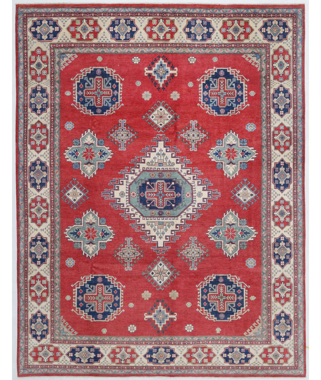 Hand Knotted Tribal Kazak Wool Rug - 8'10'' x 11'5'' 8' 10" X 11' 5" ( 269 X 348 ) / Red / Ivory