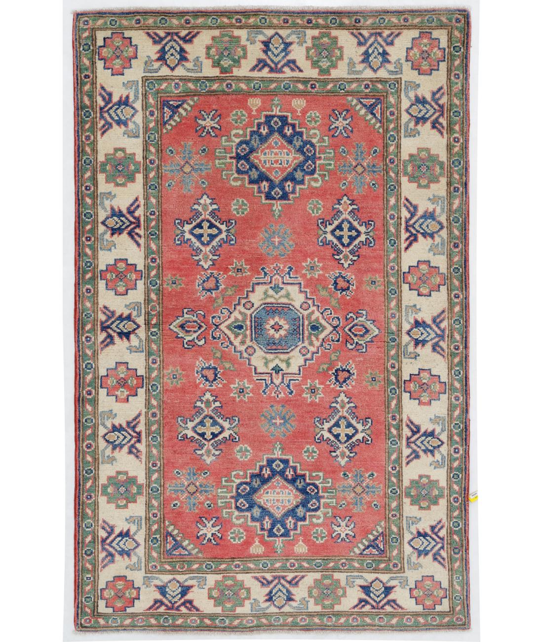 Hand Knotted Tribal Kazak Wool Rug - 3'1'' x 4'11'' 3' 1" X 4' 11" ( 94 X 150 ) / Red / Ivory