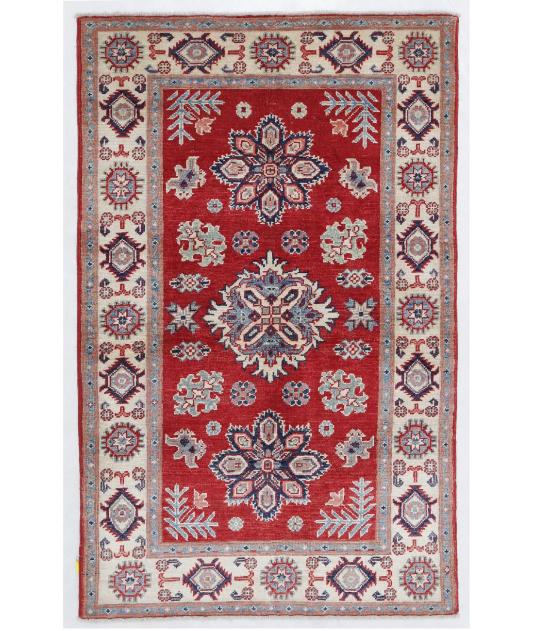 Hand Knotted Tribal Kazak Wool Rug - 3'0'' x 4'10'' 3' 0" X 4' 10" ( 91 X 147 ) / Red / Ivory