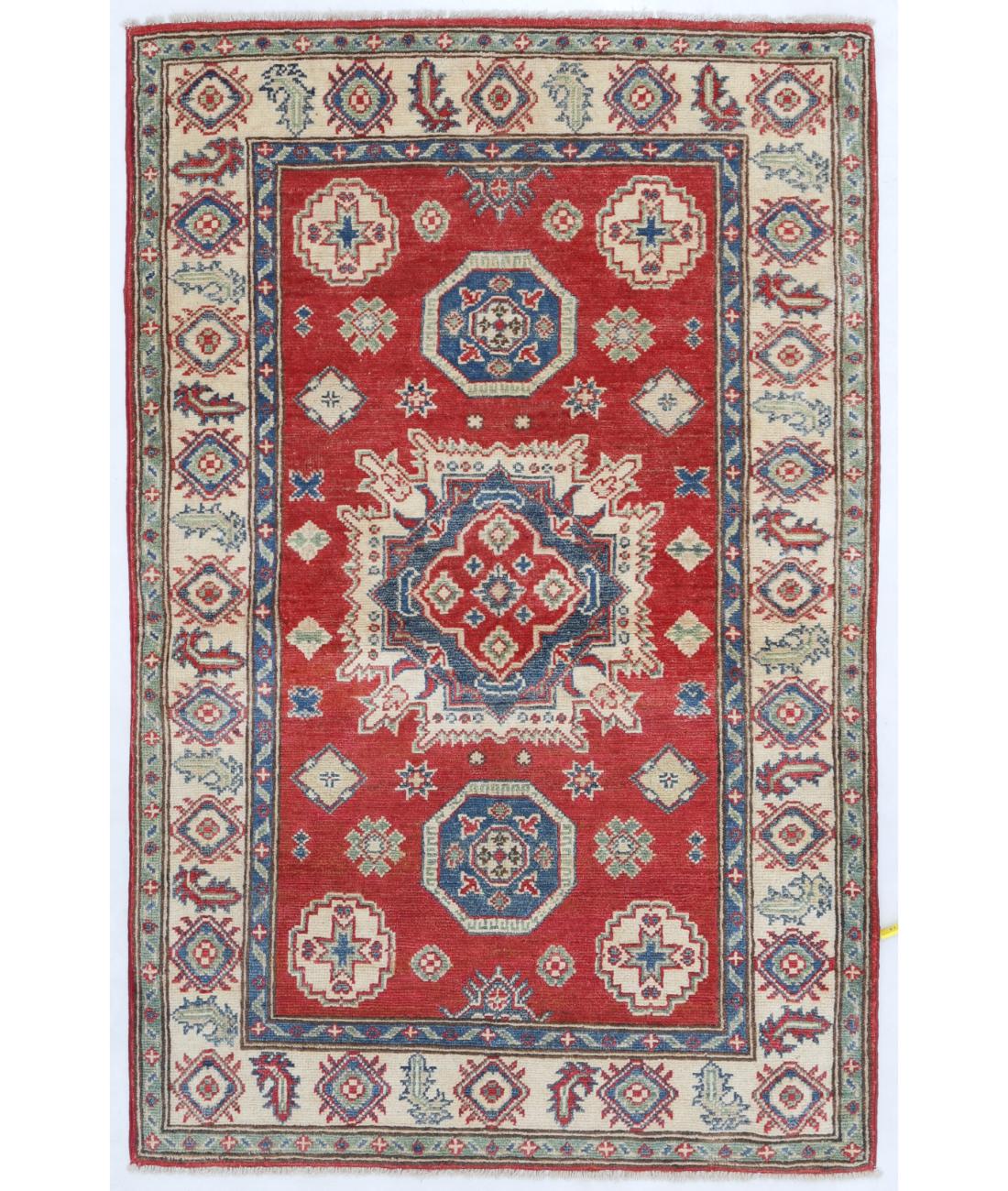 Hand Knotted Tribal Kazak Wool Rug - 3'2'' x 4'10'' 3' 2" X 4' 10" ( 97 X 147 ) / Red / Ivory