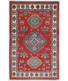 Hand Knotted Tribal Kazak Wool Rug - 3'1'' x 4'9'' 3' 1" X 4' 9" ( 94 X 145 ) / Red / Ivory