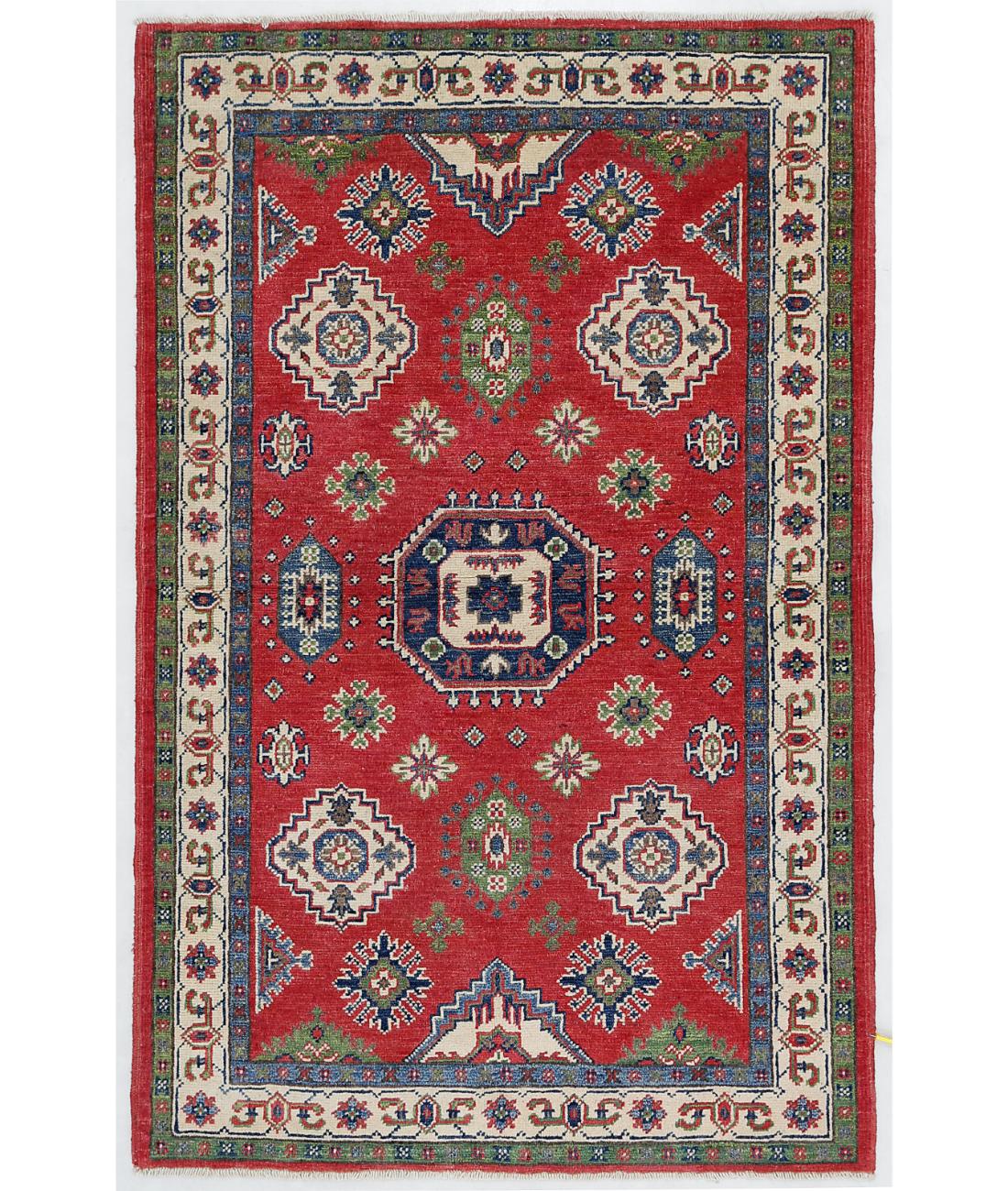 Hand Knotted Tribal Kazak Wool Rug - 3'0'' x 4'10'' 3' 0" X 4' 10" ( 91 X 147 ) / Red / Ivory