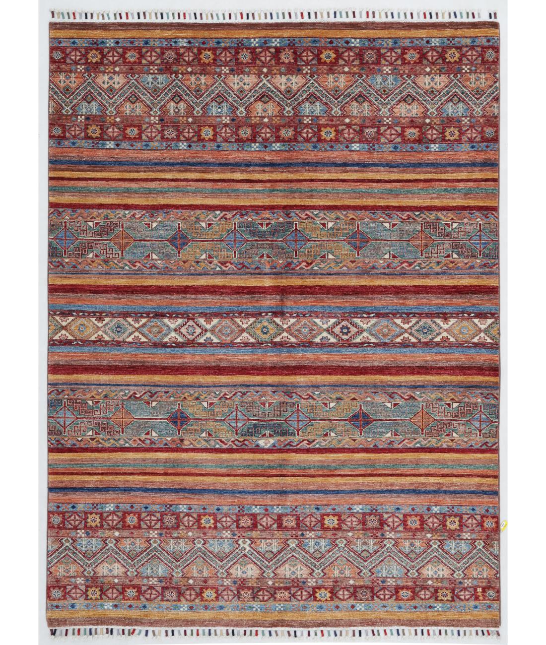 Hand Knotted Khurjeen Wool Rug - 5'6'' x 7'8'' 5' 6" X 7' 8" ( 168 X 234 ) / Multi / Red