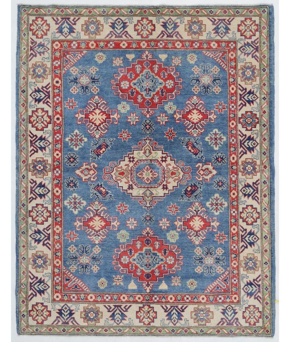 Hand Knotted Tribal Kazak Wool Rug - 5'0'' x 6'6'' 5' 0" X 6' 6" ( 152 X 198 ) / Blue / Ivory