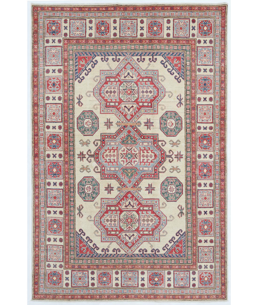 Hand Knotted Tribal Kazak Wool Rug - 5'5'' x 8'2'' 5' 5" X 8' 2" ( 165 X 249 ) / Ivory / Ivory