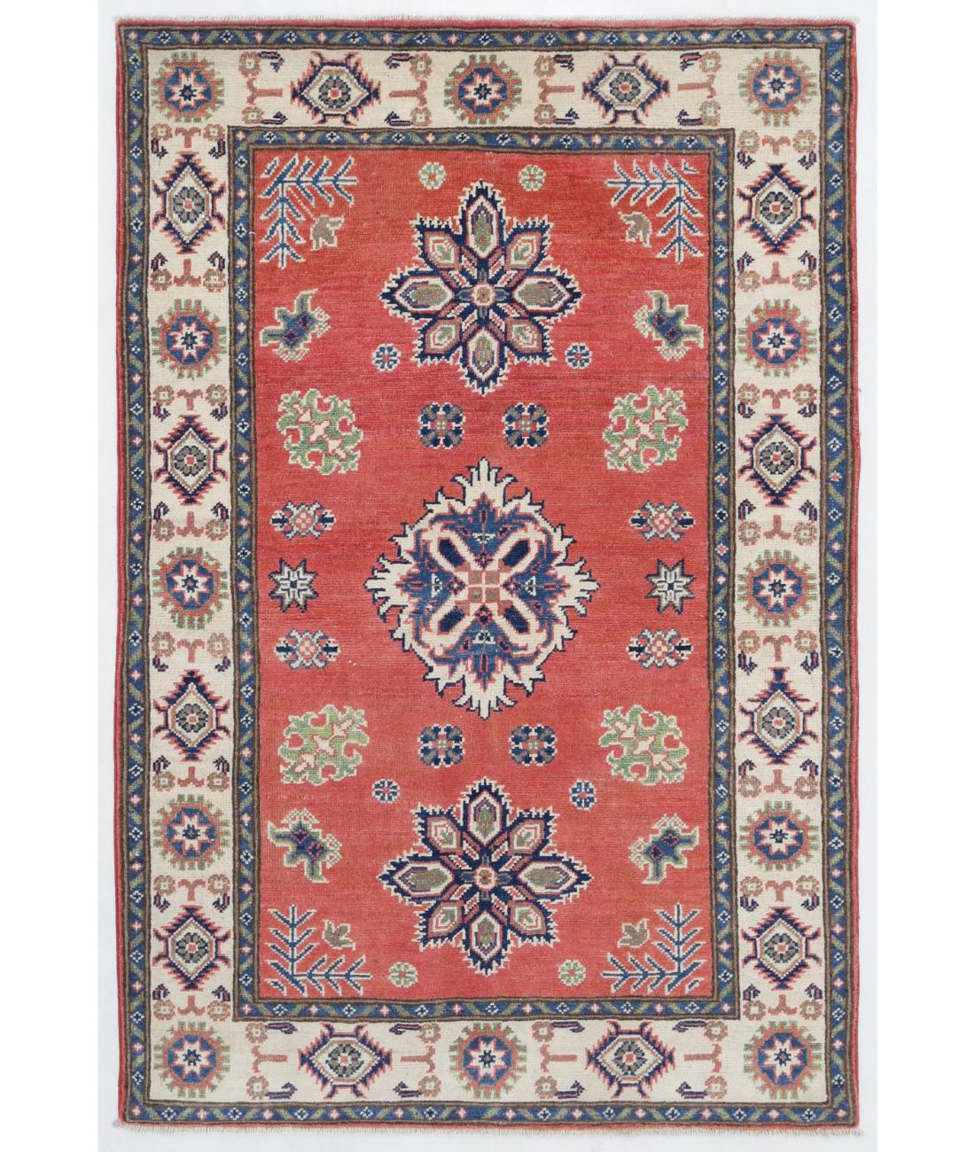 Hand Knotted Tribal Kazak Wool Rug - 3'4'' x 4'11'' 3' 4" X 4' 11" ( 102 X 150 ) / Red / Ivory