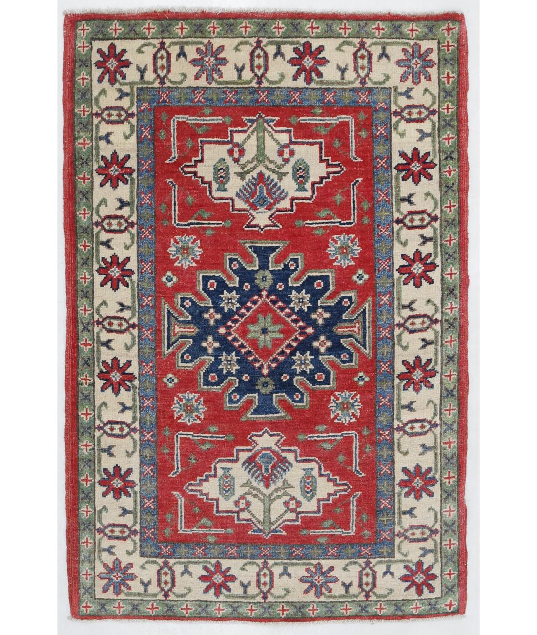 Hand Knotted Tribal Kazak Wool Rug - 2'8'' x 4'1'' 2' 8" X 4' 1" ( 81 X 124 ) / Red / Ivory