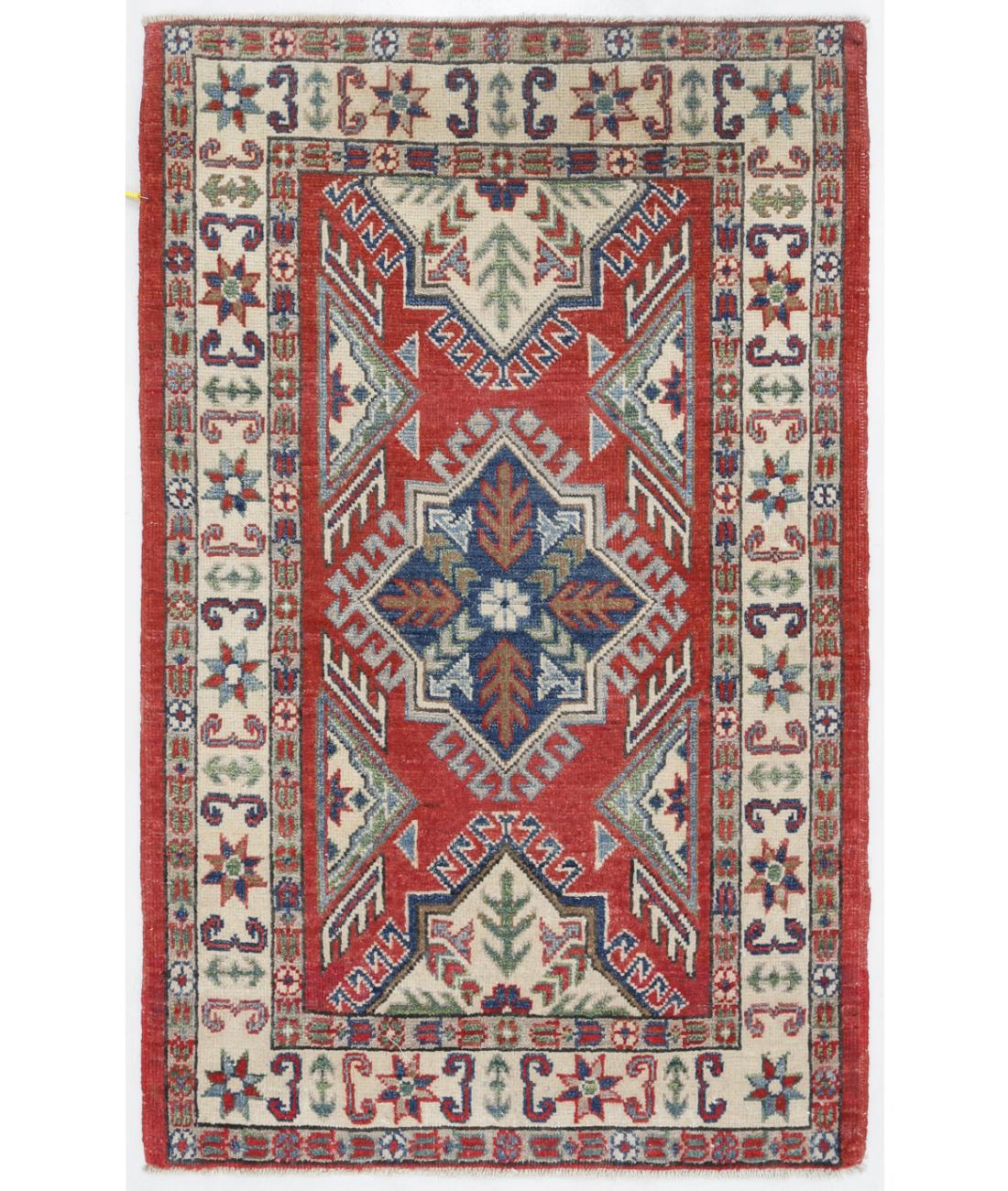 Hand Knotted Tribal Kazak Wool Rug - 2'7'' x 4'1'' 2' 7" X 4' 1" ( 79 X 124 ) / Red / Ivory