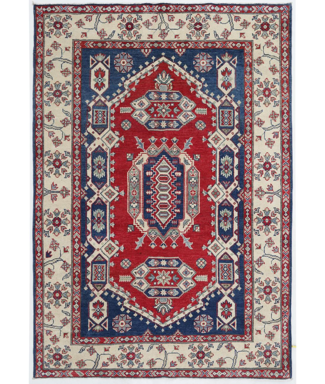 Hand Knotted Tribal Kazak Wool Rug - 4'10'' x 7'0'' 4' 10" X 7' 0" ( 147 X 213 ) / Blue / Ivory