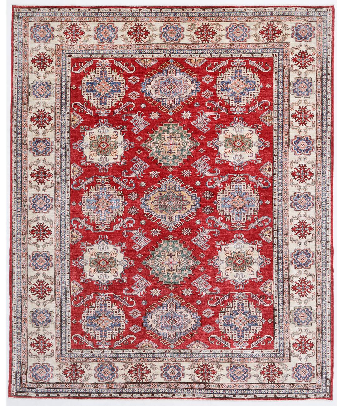 Hand Knotted Royal Kazak Wool Rug - 8'0'' x 9'10'' 8' 0" X 9' 10" ( 244 X 300 ) / Red / Ivory