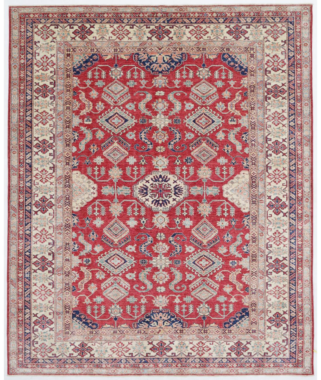 Hand Knotted Royal Kazak Wool Rug - 7'11'' x 9'8'' 7' 11" X 9' 8" ( 241 X 295 ) / Red / Ivory