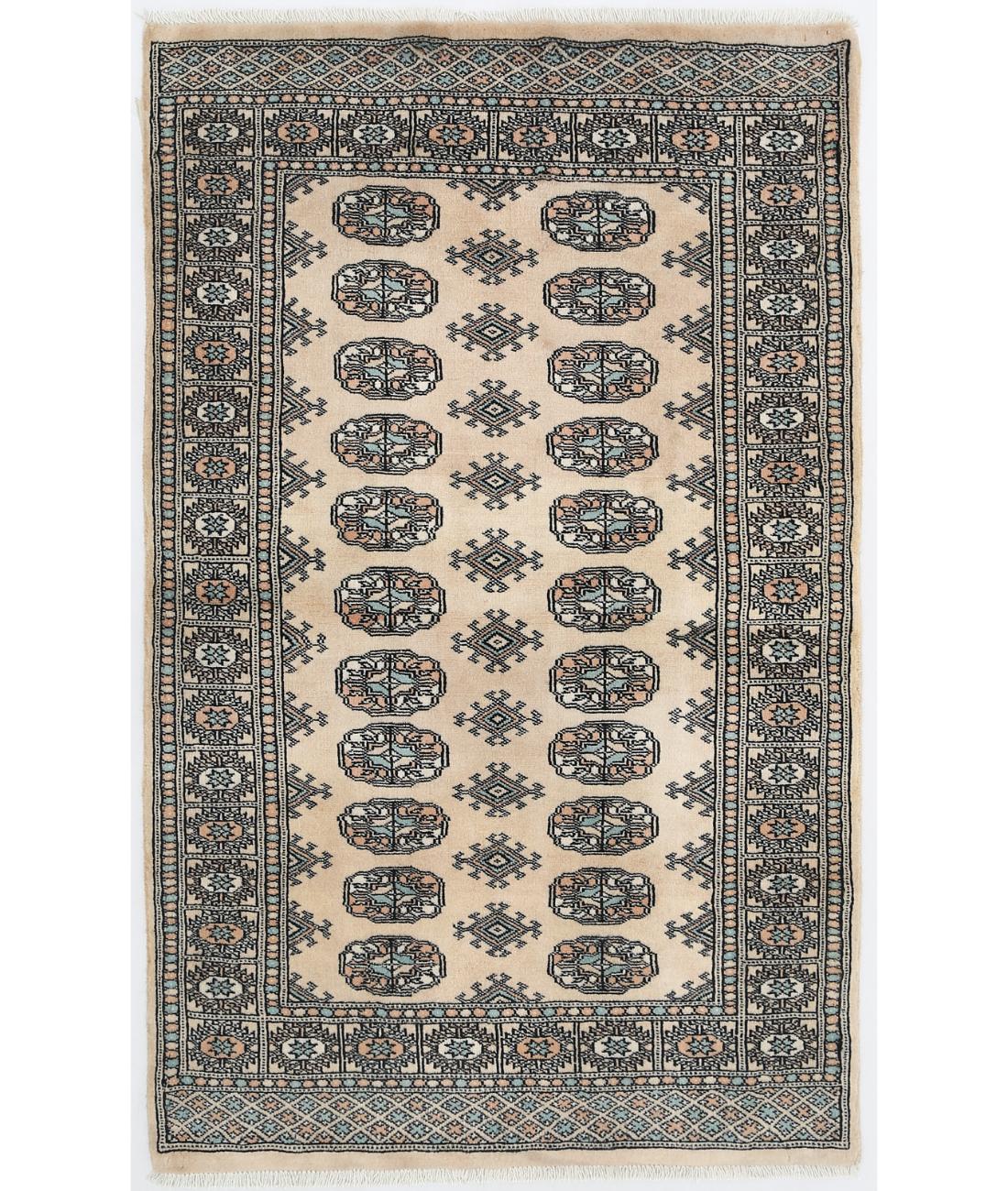 Hand Knotted Tribal Bokhara Wool Rug - 3'0'' x 4'10'' 3' 0" X 4' 10" ( 91 X 147 ) / Ivory / Blue