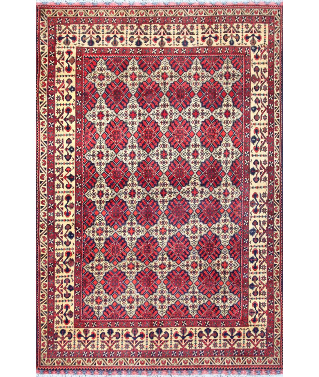 Hand Knotted Afghan Khal Muhammadi Wool Rug - 6'6'' x 9'8'' 6' 6" X 9' 8" ( 198 X 295 ) / Beige / Red