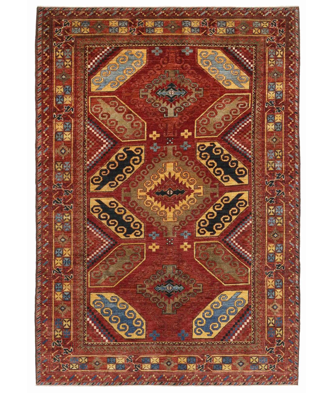 Hand Knotted Nomadic Caucasian Humna Wool Rug - 6'7'' x 9'6'' 6' 7" X 9' 6" ( 201 X 290 ) / Rust / Gold