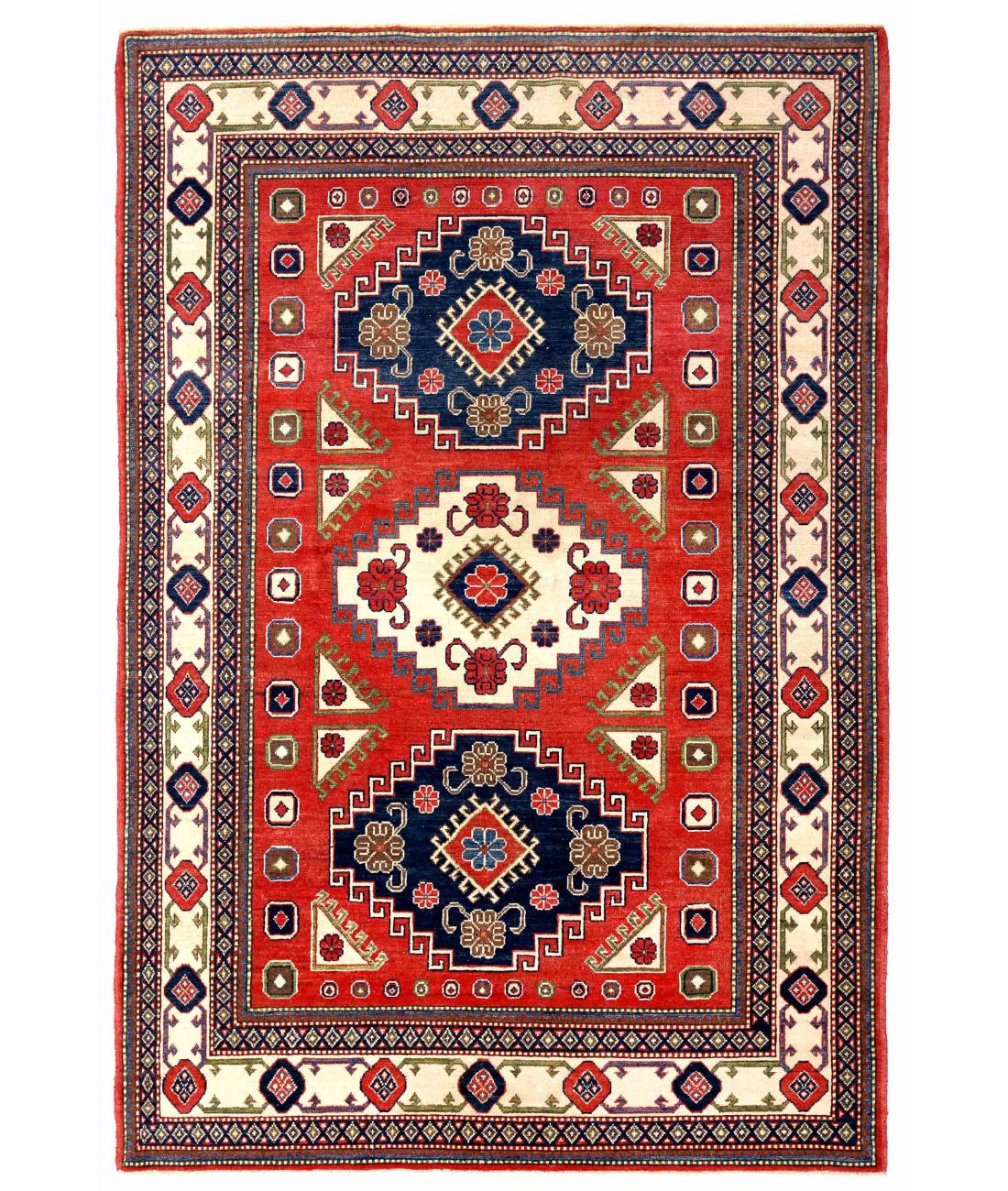 Hand Knotted Tribal Kazak Wool Rug - 6'2'' x 9'1'' 6' 2" X 9' 1" ( 188 X 277 ) / Red / Blue