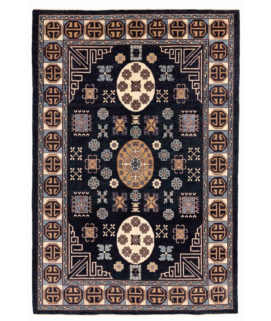 Hand Knotted Khotan Wool Rug - 5'11'' x 8'9'' 5' 11" X 8' 9" ( 180 X 267 ) / Blue / Ivory