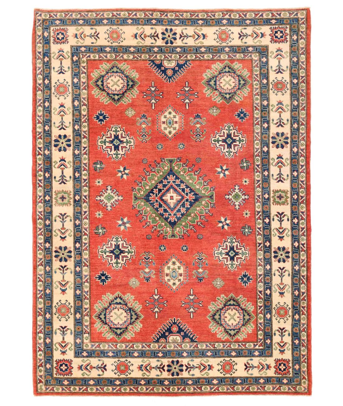 Hand Knotted Tribal Kazak Wool Rug - 6'0'' x 8'7'' 6' 0" X 8' 7" ( 183 X 262 ) / Red / Ivory