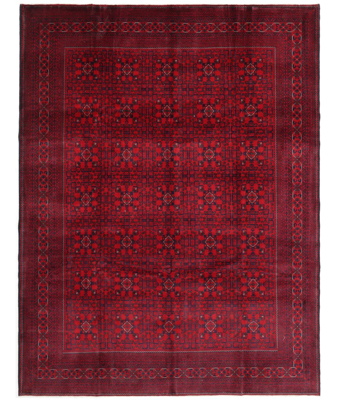 Hand Knotted Afghan Khamyab Wool Rug - 9'9'' x 12'9'' 9' 9" X 12' 9" ( 297 X 389 ) / Red / Blue