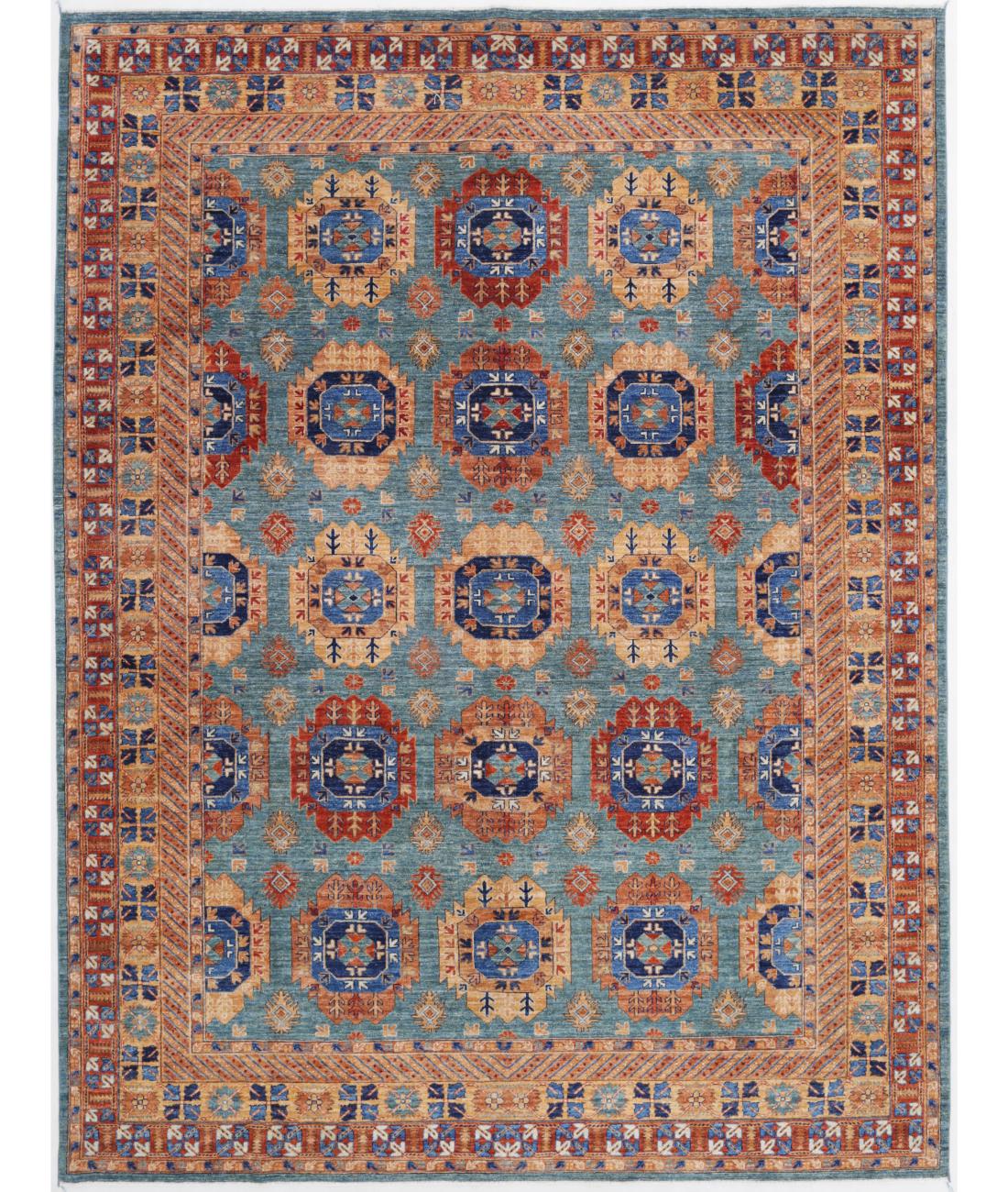 Hand Knotted Nomadic Caucasian Humna Wool Rug - 8'11'' x 11'10'' 8' 11" X 11' 10" ( 272 X 361 ) / Teal / Gold