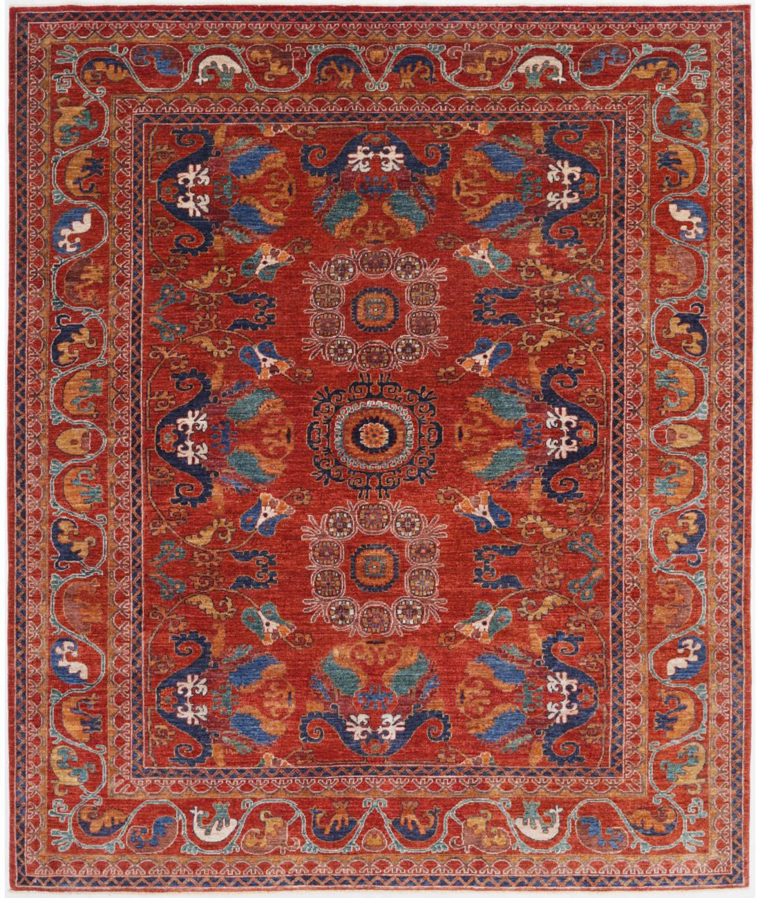 Hand Knotted Nomadic Caucasian Humna Wool Rug - 8'2'' x 10'0'' 8' 2" X 10' 0" ( 249 X 305 ) / Rust / Blue
