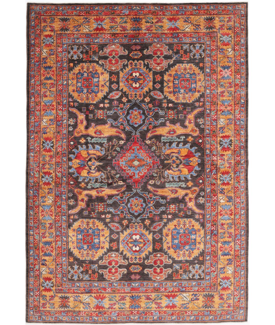 Hand Knotted Nomadic Caucasian Humna Wool Rug - 6'0'' x 8'10'' 6' 0" X 8' 10" ( 183 X 269 ) / Charcoal / Gold